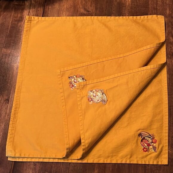 Thanksgiving Set of (3) Mustard Napkins w/ Custom Cornucopia Embroidery - Picture 4 of 11